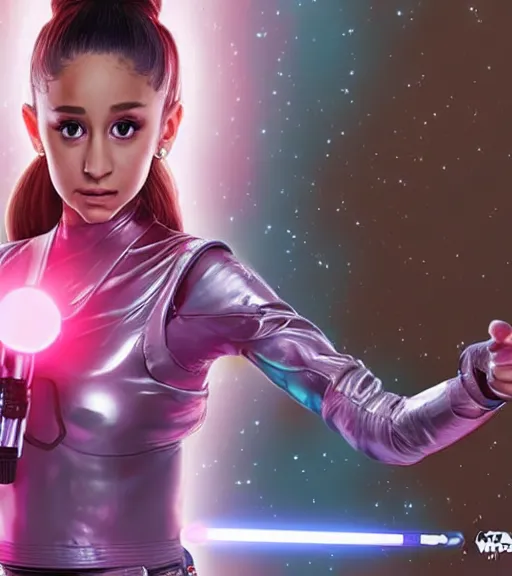 Prompt: A hyper realistic photo of Ariana Grande in the Star Wars universe with two pink lightsabers held in each hand. Maximum detail on artstation, photo realism