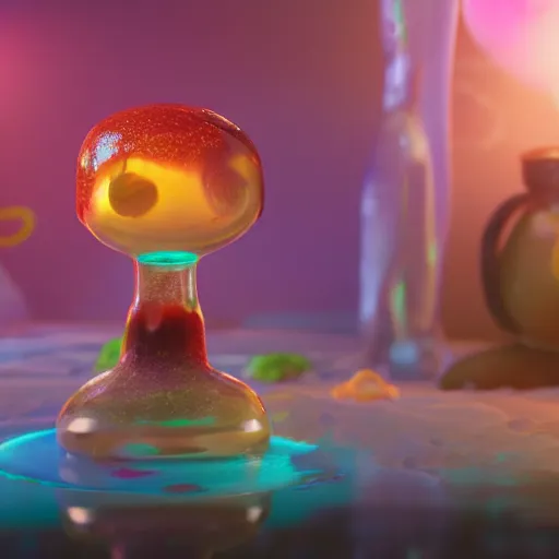 Image similar to single lava lamp, gelatinous cute creature inside, happy, playful, 8 k, even lighting, octane render by pixar