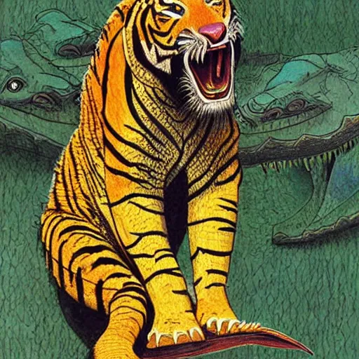 Image similar to a hybrid animal half crocodile and half tiger painting by moebius