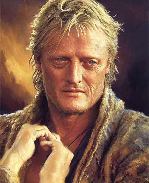 Prompt: portrait of rutger hauer, joyful, highly detailed painting by gaston bussiere, craig mullins, j. c. leyendecker 8 k,