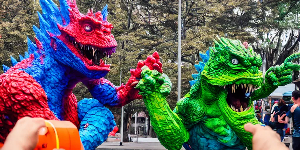 Image similar to Cthulu arm wrestling Godzilla, vivid colors, daylight, photo real, 1992, Eastman EXR 50D 5245/7245, close-up action first-person perspective