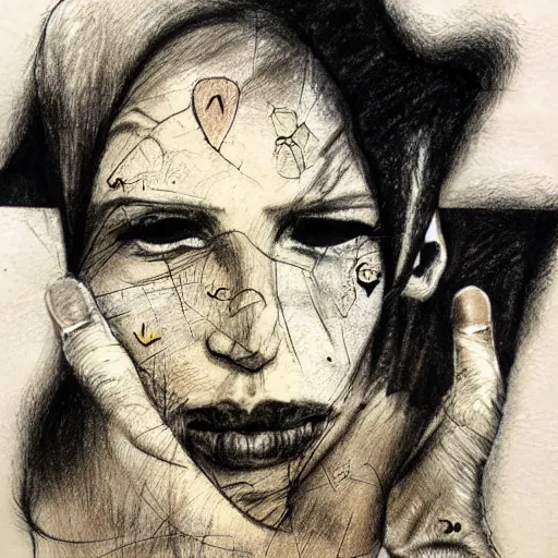 Prompt: A drawing of love on a burnt napkin, burnt edges, paper, photorealistic, extreme detail, creases, crumples, material, award winning, by Dave McKean