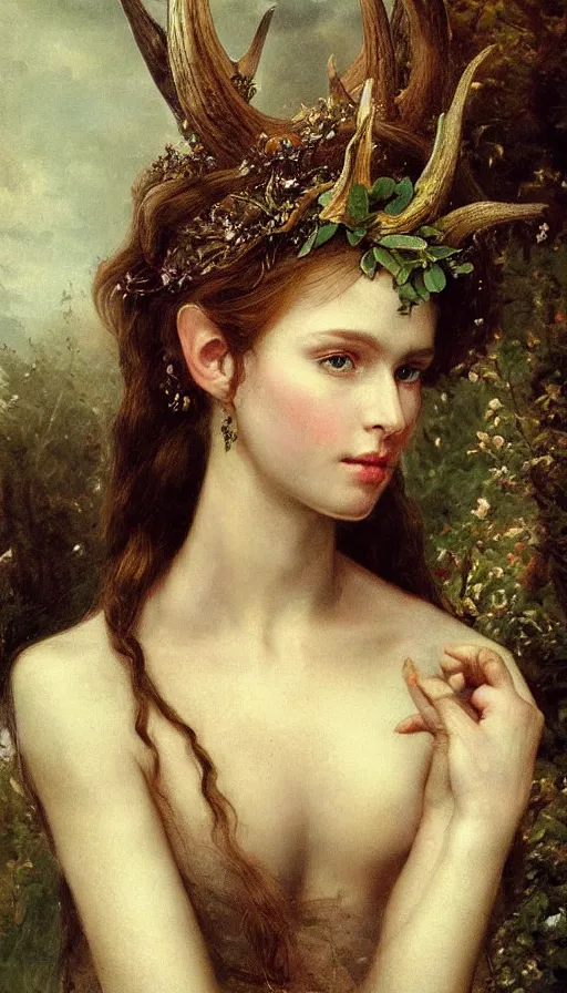 Prompt: a portrait of a beautiful elven princess with laurel crown and deer horns, overcast lighting, highly detailed, sharp focus, gritty texture, by Vladimir Lukich Borovikovsky