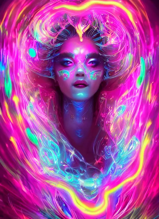 Prompt: psychedelic [ chemiluminescence ] [ [ [ smiling ] ] ] dancing elegant woman chakra spirit, swapped channel, with pink hair smoke and fluid dynamics, colorful, psychedelic, ornate, intricate, digital painting, concept art, smooth, sharp focus, illustration, blacklight reacting, art by artgerm and greg rutkowski