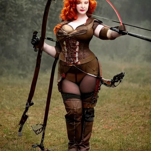 Prompt: full body photo of christina hendricks as a steampunk archer,