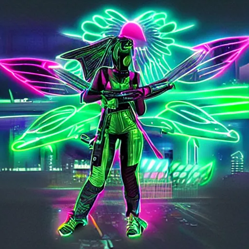 Prompt: neon combat on energy beam, cyberpunk angels