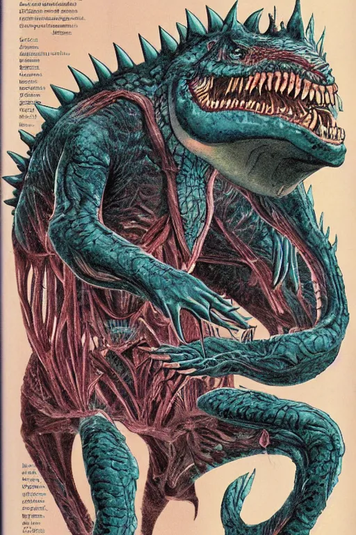 Prompt: biology textbook page, kaiju, 1990s, vintage, anatomy