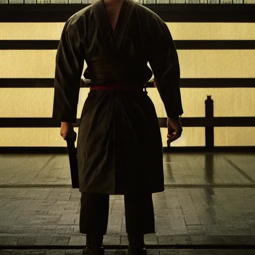 Image similar to Bruce Willis as samurai , heavy rain ,dramatic, intricate, highly detailed, smooth, sharp focus, film still, 8K