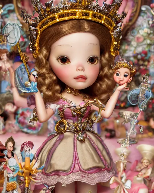 Image similar to highly detailed closeup, face profile portrait of a tin toy fairytale princess wearing a crown and sitting on a throne, bikini, depth of field, fashion photoshoot by nicoletta ceccoli, mark ryden, lostfish, dan decarlo, bob clampett, max fleischer, breathtaking, detailed and intricate environment, 8 k resolution, hyperrealistic, octane render