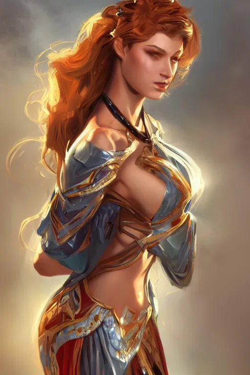 Image similar to three quarters portrait pose of a beautiful woman,super heroine costume,super powers, fantasy, intricate, elegant, highly detailed, digital painting, artstation, concept art,shining, sharp focus, illustration, art by Stanley Lau