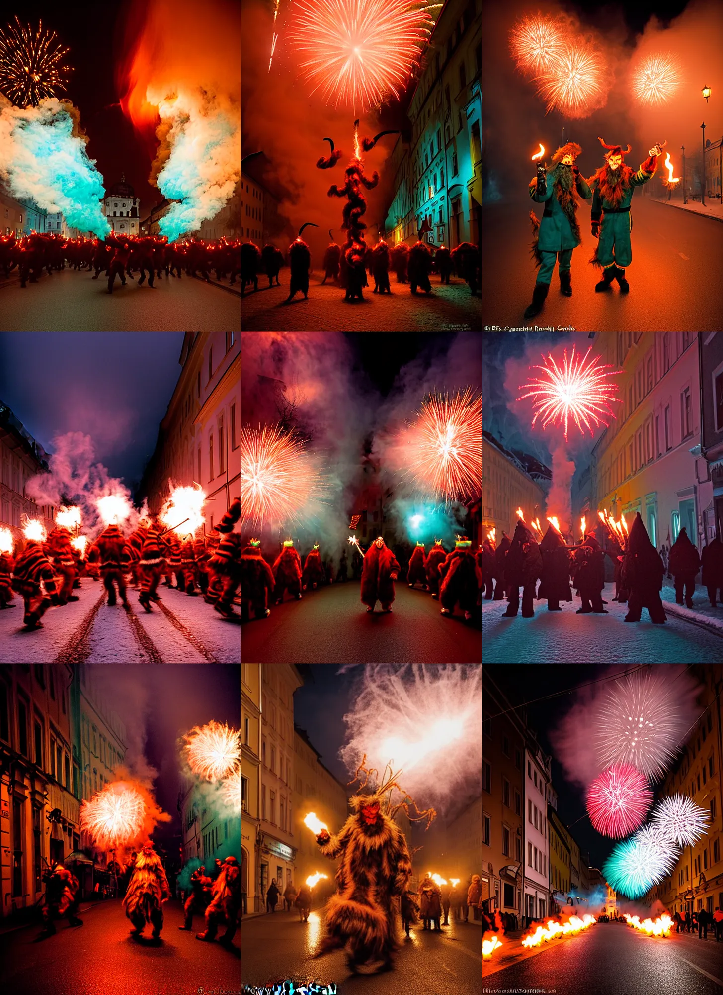 Image similar to kodak portra 4 0 0, winter, hellfire, award winning dynamic photograph of a bunch of hazardous krampus by robert capas, in muted colours, striped orange and teal, motion blur, on a street in salzburg at night with colourful pyro fireworks and torches