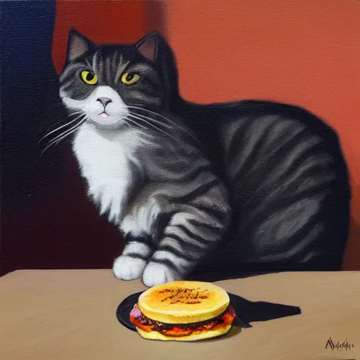 Prompt: A cute cat eating a Venezuelan arepa in the sun, detailed oil painting 4k