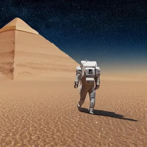 Prompt: an astronaut walking towards a pyramid in the desert, nighttime, star filled sky, trending on artstation, 8 k, ultra wide angle, zenith view, pincushion lens effect