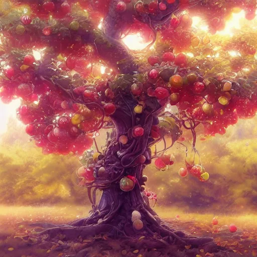 Image similar to tree made of fruits, by wlop, rossdraws, james jean, andrei riabovitchev, marc simonetti, yoshitaka amano, artstation, cgsociety