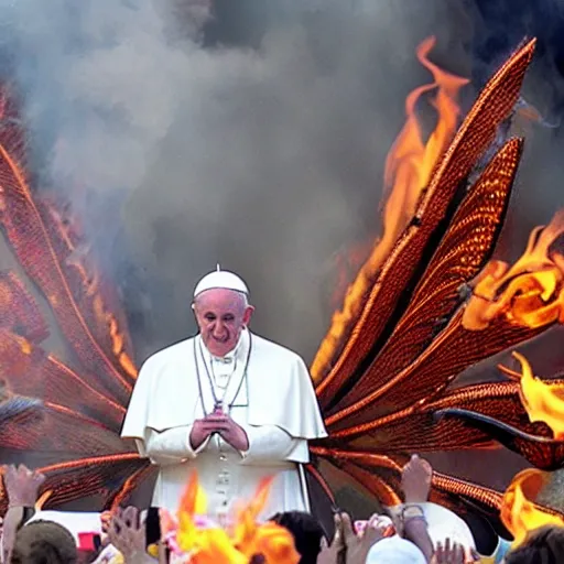 Image similar to a photo of the pope breathing out fire at a carnival sideshow