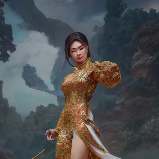 Image similar to muscular woman wearing ao dai, ultra realistic, concept art, intricate details, highly detailed, photorealistic, octane render, 8 k, unreal engine. art by artgerm and greg rutkowski and alphonse mucha