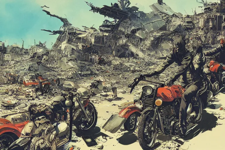 Prompt: full page illustration, birds eye view of a motor bike gang cruising the destroyed streets of post apocalypse Neo tokyo by Katsuhiro Otomo, Phil hale, Ashley wood, Ilya repin, frank frazetta, 8k, hd, high resolution print