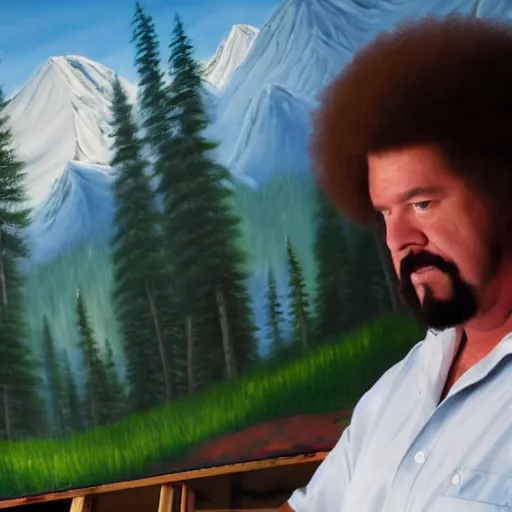 Image similar to a closeup photorealistic photograph of bob ross putting the finishing touches on a canvas painting of kenny powers. mountains and trees. film still. brightly lit scene. this 4 k hd image is trending on artstation, featured on behance, well - rendered, extra crisp, features intricate detail, epic composition and the style of unreal engine.