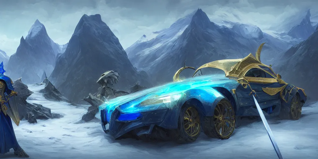 Image similar to wide angle, (blue knight with gold sword), (green hatchback car), glacier landscape, norway, D&D, fantasy, intricate, elegant, highly detailed, action pose, digital painting, artstation, octane render, concept art, matte, sharp focus, illustration, hearthstone, art by Artgerm and Greg Rutkowski and Alphonse Mucha