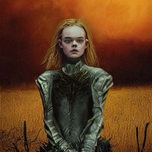 Prompt: Elle Fanning in the painted word of Dark Souls, head and shoulders masterpiece, apocalypse, golden hour, cosmic horror, artstation, in the style of Andrew Wyeth, extremely detailed