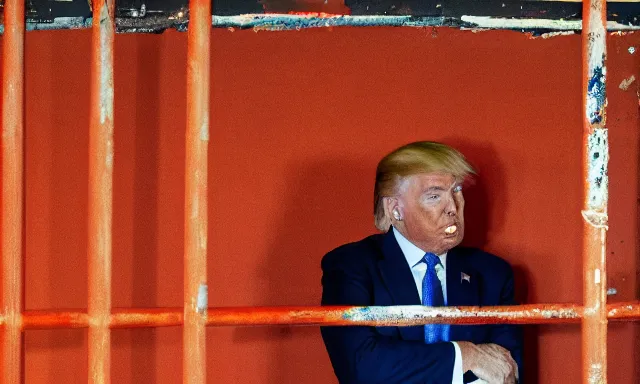 Image similar to full shot of donald trump in a dirty jail cell in guantanamo, by ken loach