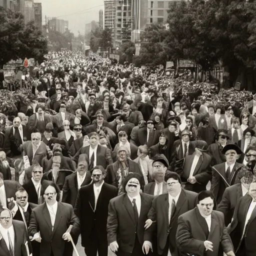 Image similar to A large group of chubby men in suits and neckties parading through the street holding canes, overcast day, 1990s.