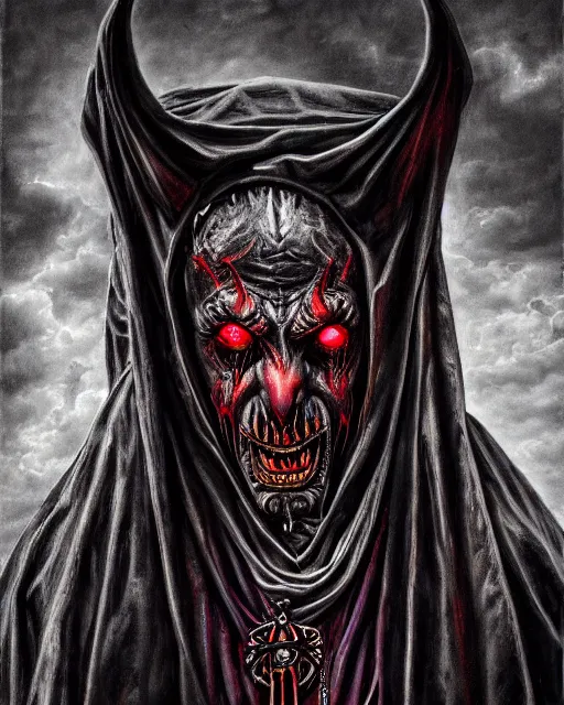 Image similar to photorealist painting of demonic priest, gothic, horror, vivid dark colors, high production value, intricate details, high resolution, hyperrealistic, hdr, high definition, masterpiece, ultra realistic, highly detailed, hd, sharp focus, non blurry, sharp, smooth