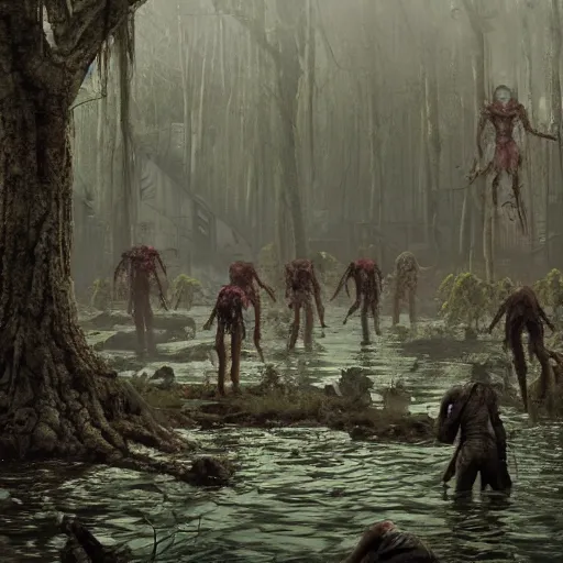 Prompt: realistic zombies rising out of a swamp. Matte painting. Featured on Artstation