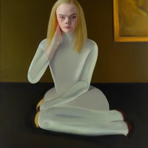 Image similar to Elle Fanning as an Android, oil on canvas, golden hour, artstation, by Andrew Wyeth and Edward Hopper,