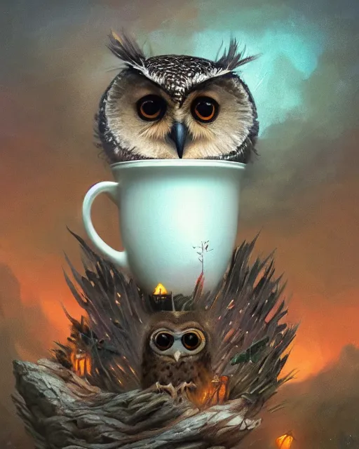 Image similar to long shot of a very cute owl chick nesting in a futuristic mug, esao andrews, humorous illustration, hyperrealistic, big depth of field, warm colors, whimsical cosmic night scenery, low light, 3 d octane render, 4 k, concept art, hyperdetailed, hyperrealistic, trending on artstation