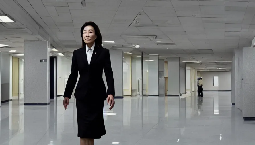 Image similar to michelle yeoh as evelyn wang from everything everywhere all at once ( 2 0 2 2 ) inside irs building, directed by'daniels ', cinematography by larkin seiple, martial arts multiverse movie still