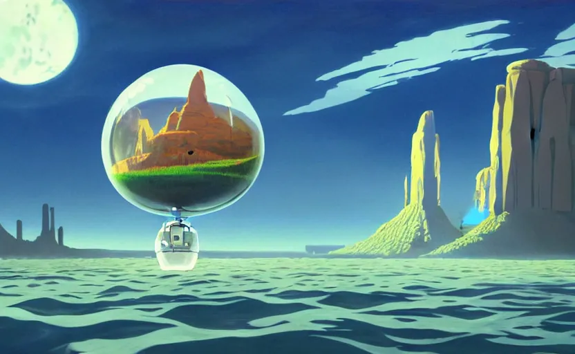 Image similar to a scary hyperrealist painting of a rocketship in a giant transparent cubic bubble from howl's moving castle ( 2 0 0 4 ) in a flooded monument valley stonehenge jungle. depth perception, 4 k, artstation, in the style of studio ghibli