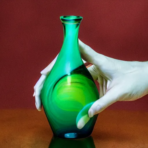 Prompt: A hand reaches for a venetian blown glass twisted bottle that is sitting on a piles of treasure
