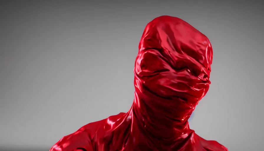 Prompt: invisible man wrapped in red sheet, actionpose, photorealistic rendering, raytracing, volumetric lighting, cloth simulation, reflections, darkness, high contrast