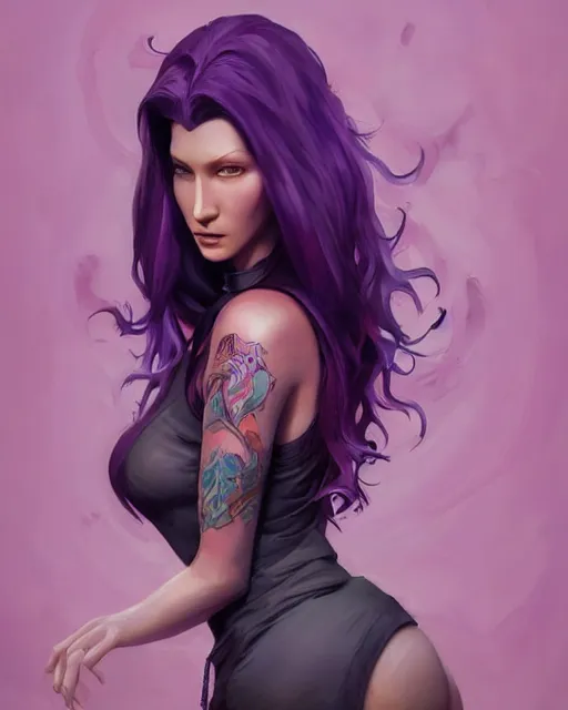 Image similar to beautiful Bella Hadid purple hair tattoos symmetrical face eyes full length fantasy art icon, 3d art cover , official fanart behance hd artstation by Jesper Ejsing, by RHADS, Makoto Shinkai and Lois van baarle, ilya kuvshinov, rossdraws