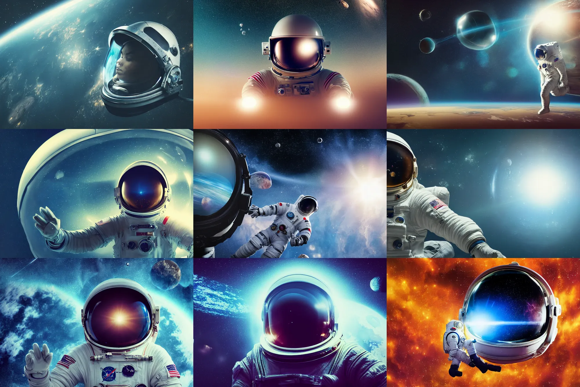 Prompt: a photograph of an astronaut floating in space with reflection of an earth like planet visible in space helmet, space background, science fiction, brilliant reflections, detailed space suit, cinematic, hypermaximalist, detailed, 4 k, 8 k, breathtaking stars, surrealism, distant, concept art, digital art, sharp focus, reflections, rtx, octane render, acid pixie, trending on deviantart