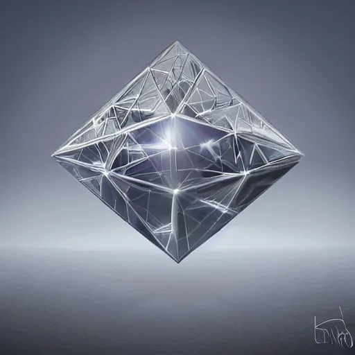 Image similar to peter tarka, minimalistic, hyperrealistic surrealism, award winning masterpiece with incredible details, epic stunning, a highly reflective chrome octahedron with lights coming out of the bottom in the middle of a tropical rainforest, alien structure, highly detailed, trending on ArtStation, golden hour, artgerm and greg rutkowski and alphonse mucha, daily deviation, IAMAG