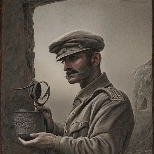 Image similar to a detailed photorealistic sepia - toned color portrait painting of a 1 9 1 7 worried clean - shaven british lieutenant in field gear in north arabia examining an ancient cylindrical clay jar, ultra realistic, intricate details, atmospheric, dark, horror, brooding, highly detailed, by clyde caldwell