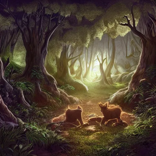 Image similar to eternal friendship and rest of the dwellers of the forest, dynamic lighting, cinematic, establishing shot, extremely high detail, shining, photo realistic, cinematic lighting, intricate line drawings, 8k resolution