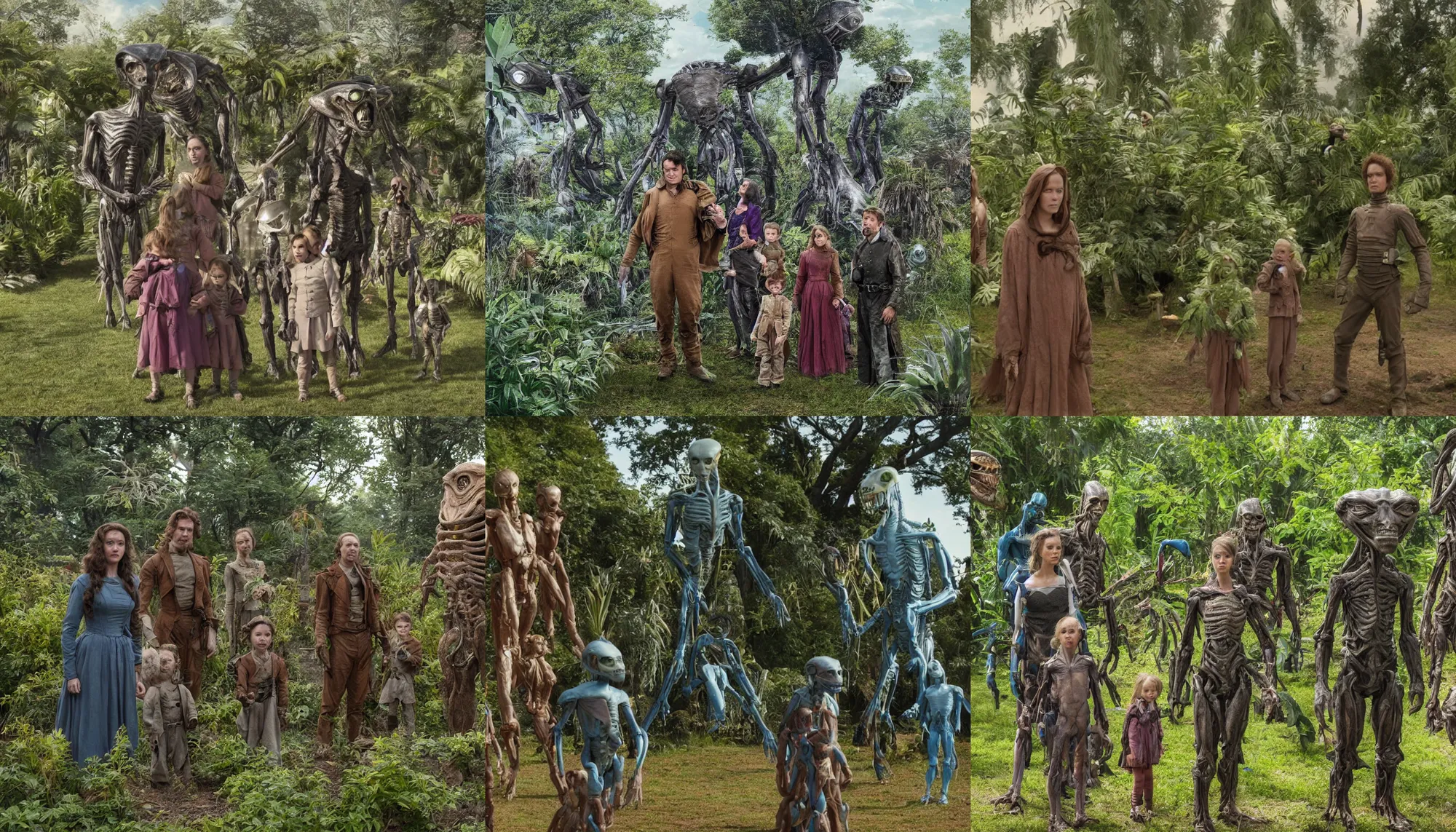 Prompt: highly detailed, 435456k film, 1612800mm film still from a sci fi blockbuster color movie made in 2019, set in 1860, of a family standing with an humanoid alien creature, next to some alien plants, in a park on an alien planet, the family are wearing 1860s era clothes, good lighting, good photography, ultra high definition, 35mm macro lens