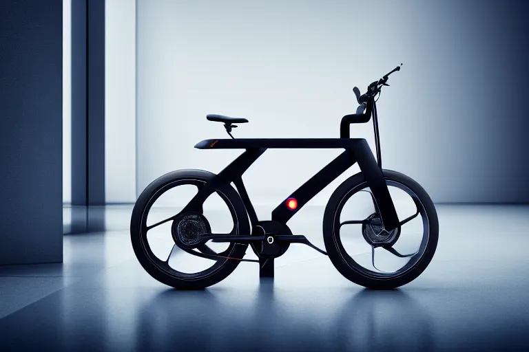 Image similar to futuristic electric bike ( designed by porsche ), xf iq 4, 1 5 0 mp, 5 0 mm, f / 1. 4, iso 2 0 0, 1 / 1 6 0 s, natural light, octane render, adobe lightroom, rule of thirds, symmetrical balance, depth layering, polarizing filter, sense of depth, ai enhanced