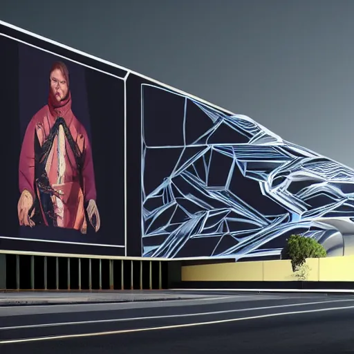 Image similar to sci-fi cars : wall near structure on : the coronation of napoleon painting : and digital billboard in the middle, in style of zaha hadid, suprematism composition, unreal engine 5, keyshot, octane, artstation trending, in lighting of blade runner 2049, ultra high detail, ultra photo realistic, 8k, 16k, in plastic, dark, tilt shift,