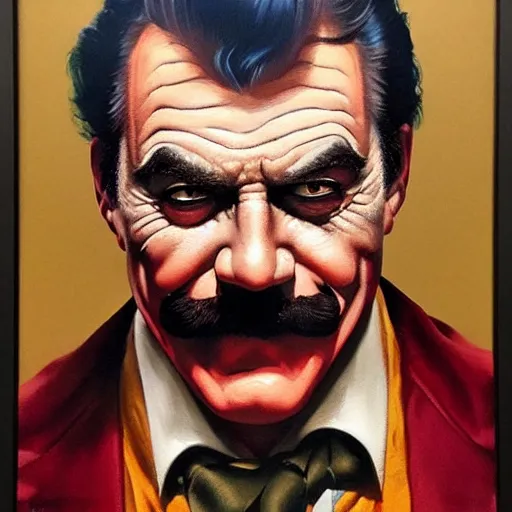 Image similar to ultra realistic portrait painting of tom selleck as the joker, art by frank frazetta, 4 k, ultra realistic, highly detailed, epic lighting