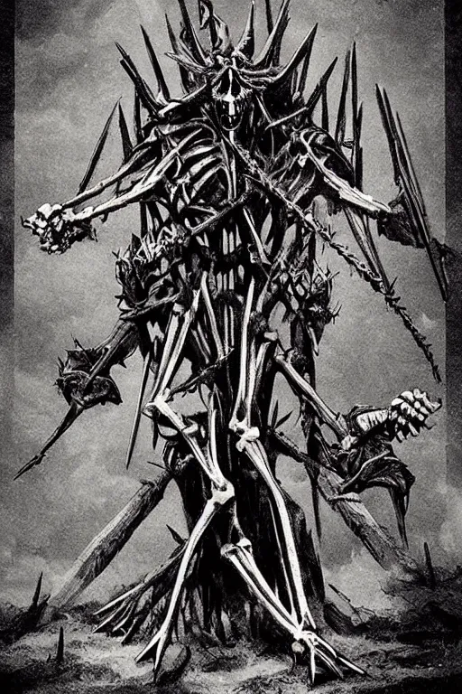 Prompt: Poster Illustration by Jeremy Jarvis of a skeletal abomination with barbed spikes. It's of royal lineage no doubt. More than anything, it wants to praise its obscure god through combat, constructing idols from the slain.