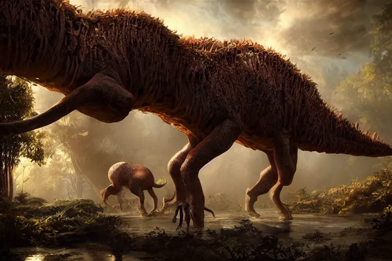 Image similar to the most amazing dream you ever had about cenozoic paleoart, hyper realistic, ambient lighting, concept art, intricate, hyper detailed, smooth, dynamic volumetric lighting, octane, cinematic