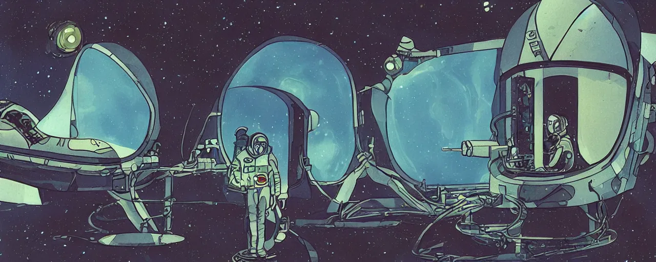 Image similar to a portrait of astronaut pilot on field spaceship station landing laying lake artillery outer worlds in FANTASTIC PLANET La planète sauvage animation by René Laloux