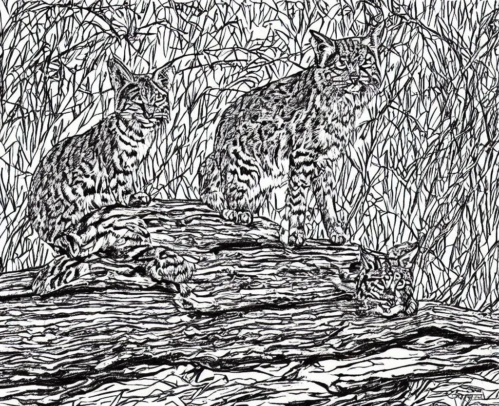 Prompt: bobcat standing alone on a log, by Currier & Ives, black and white, coloring page, pen & ink drawing, character concept