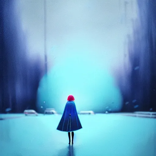 Image similar to frozen rain floating around a flying girl with long sky blue hair, low - angle shot from behind, blue coat, fur scarf, ultra fine detail, dark theme, realistic painting, photography, psychedelic, film still, cinematic, wlop, ilya kuvshinov, ismail inceoglu,