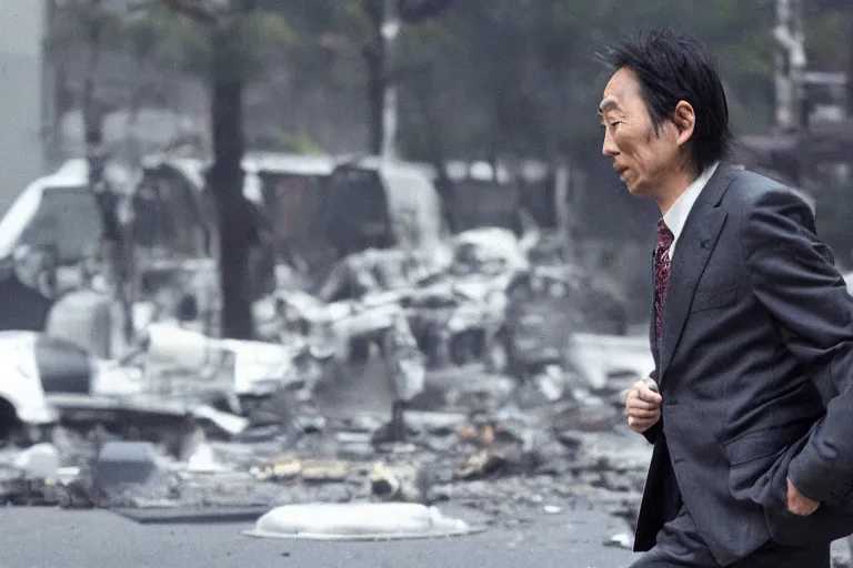 Prompt: cinematography action movie closeup portrait of a Japanese business man carrying his dog running from an explosion in Tokyo by Emmanuel Lubezki