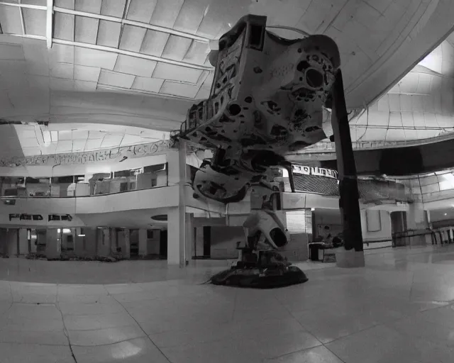 Image similar to camera footage of a Darpa Robot hunting in an abandoned shopping mall, high exposure, dark, monochrome, camera, grainy, CCTV, security camera footage, timestamp, zoomed in, fish-eye lense, Robot, Drone, Intense, Darpa,